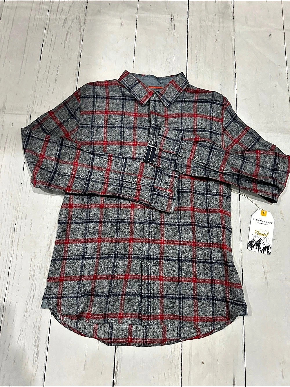 Hudson & Barrow Flannel Plaid Shirt button down Cotton Shirt gray navy red large
